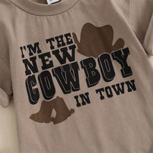 Load image into Gallery viewer, Western Short Sleeved Romper in Brown &quot;I&#39;m The New Cowboy in Town&quot;
