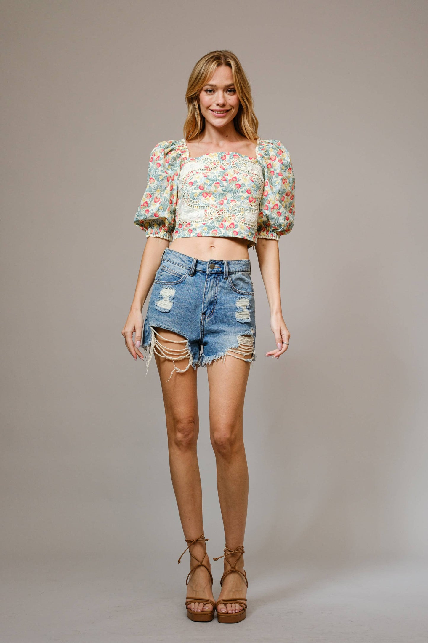 Blue B 99200T - Floral Lace Embroidered Puff Sleeve Top in Red/Green