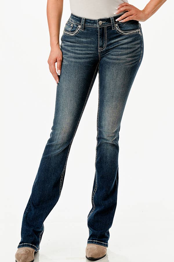 Grace In LA Floral Embroidery /York Mid-Rise Boot cut 32" EB-61713