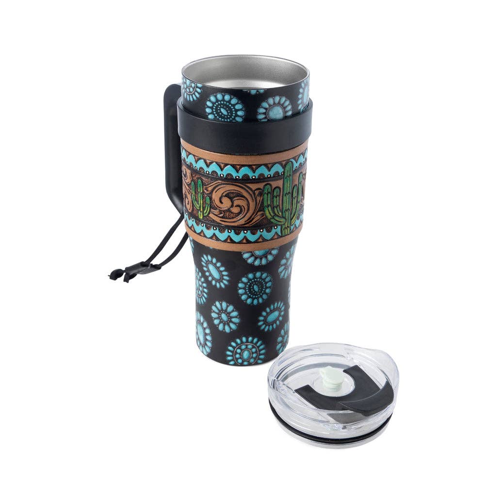 Myra S-14767 Concho Crest Western Tooled Tumbler in Black Stainless Steel with Leather Wrap and Handle: WITH TOOLING
