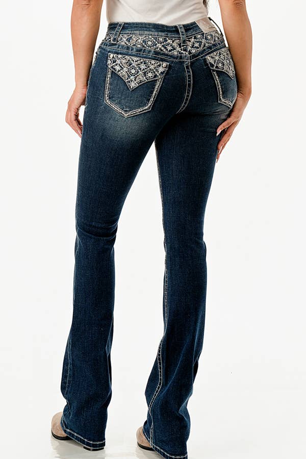 Grace In LA Floral Embroidery /York Mid-Rise Boot cut 32" EB-61713