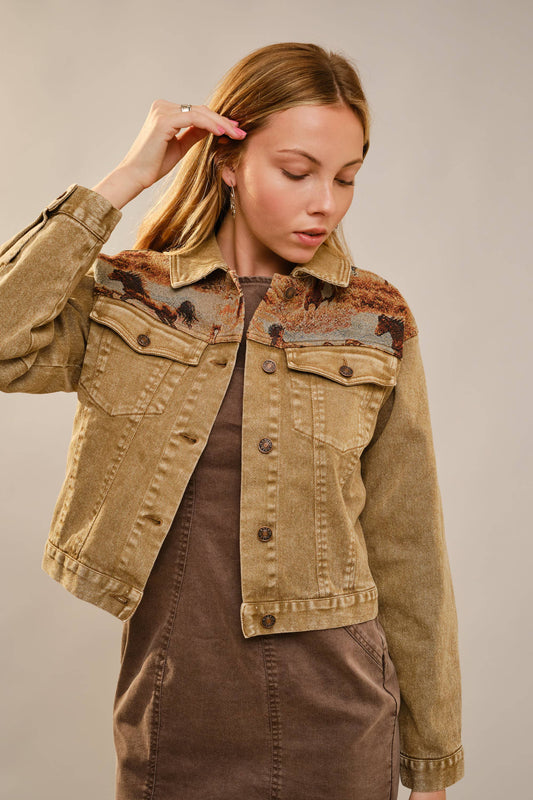 23723J - Western Tapestry Denim Jacket: WASHED BROWN