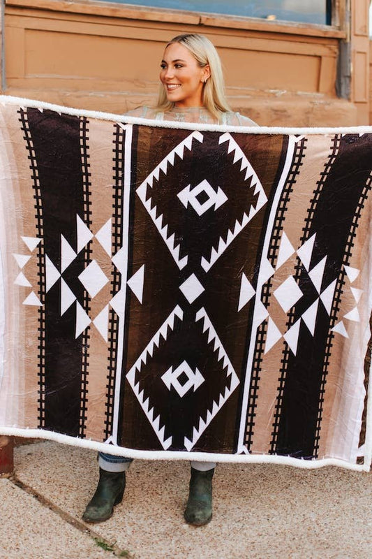 Brown Ivory Aztec Printed Ivory Sherpa Blanket BLK13-AZT