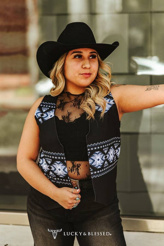 Lucky & Blessed Plus Size Black Aztec Printed Sleeveless Vest V2079