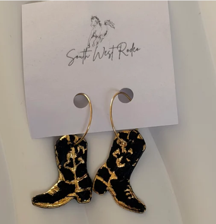 South West Rodeo Azalia Gold Plated Hoops Black Cowboy Boot Handmade Earrings