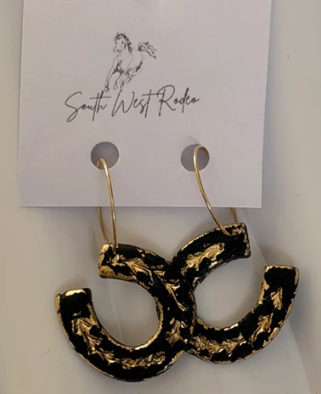 South West Rodeo Clementine Gold Plated Hoops Black Horseshoe Handmade Earrings