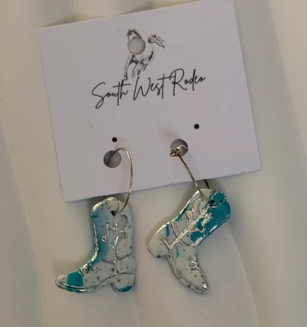 South West Rodeo Azalia Silver Plated Hoops Marbled Teal Cowboy Boot Handmade Earrings