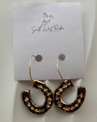 South West Rodeo Clementine Gold Plated Hoops Brown Horseshoe Handmade Earrings