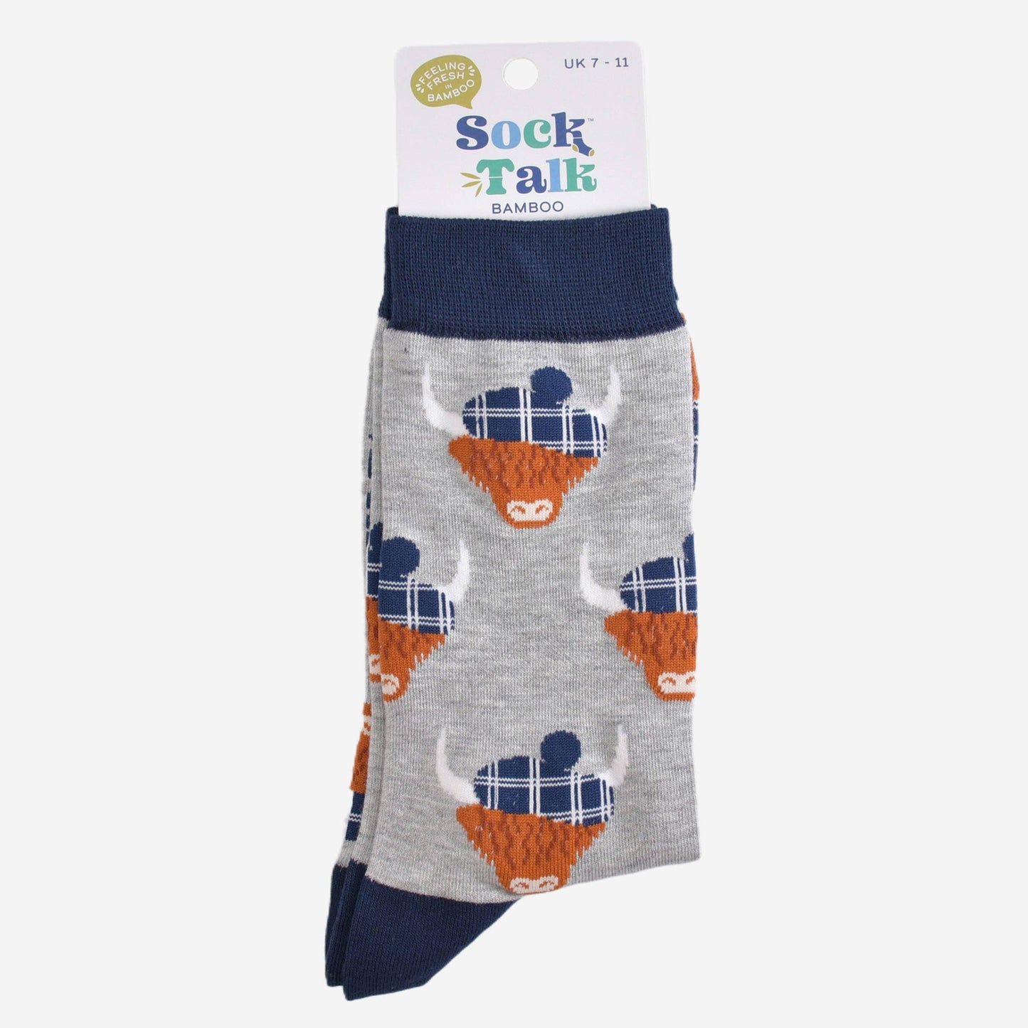 Sock Talk Men's Bamboo Socks - Grey/Navy Blue, Highland Cow Tartan Hat
