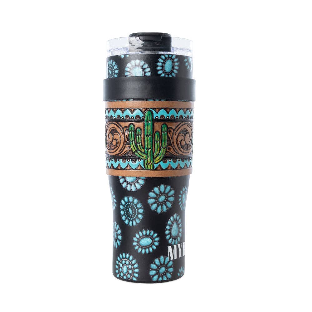 Myra S-14767 Concho Crest Western Tooled Tumbler in Black Stainless Steel with Leather Wrap and Handle: WITH TOOLING