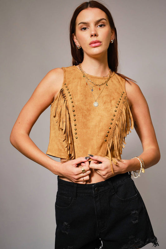37131T - Faux Suede Fringe Crop Top in Camel