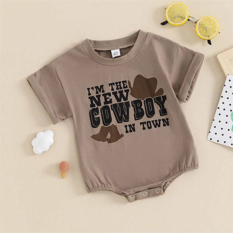Western Short Sleeved Romper in Brown "I'm The New Cowboy in Town"