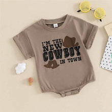 Load image into Gallery viewer, Western Short Sleeved Romper in Brown &quot;I&#39;m The New Cowboy in Town&quot;
