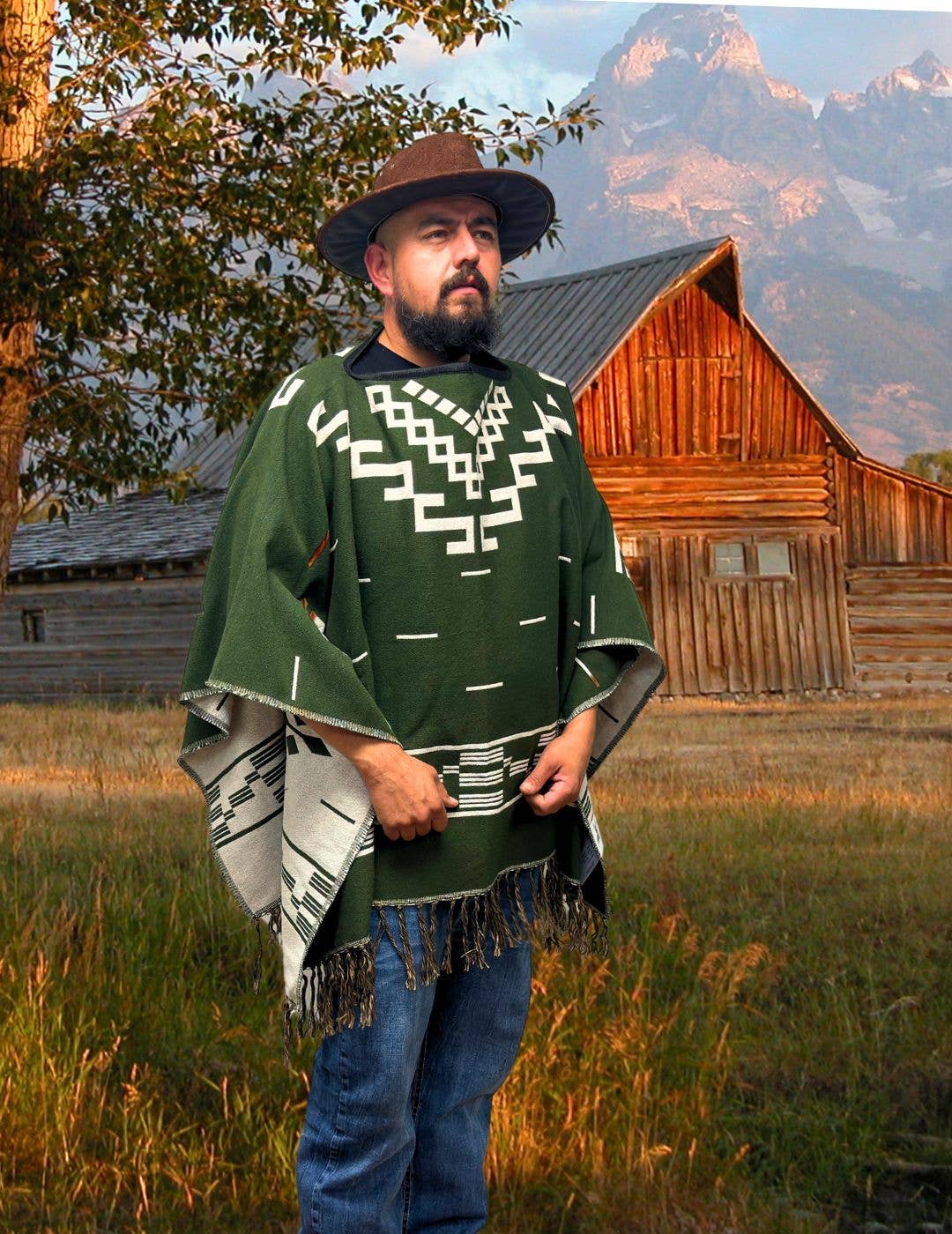 El Paso Western Style Cotton Poncho, Green  Design 1: 1