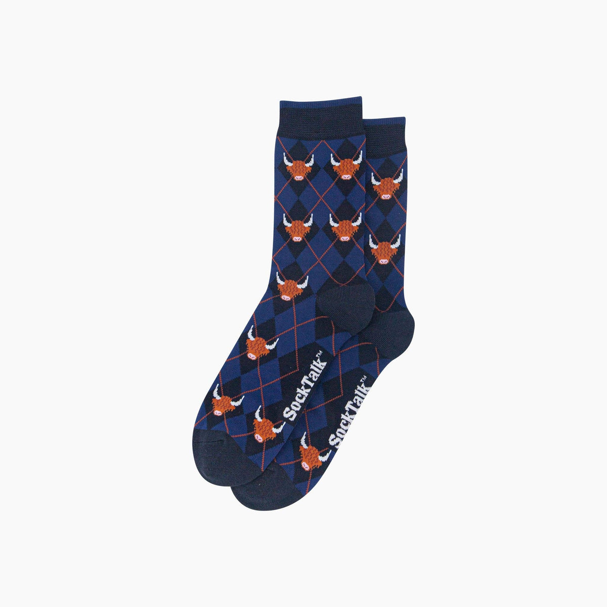 Sock Talk Highland Cow Argyle Men's Bamboo Socks in Navy Blue