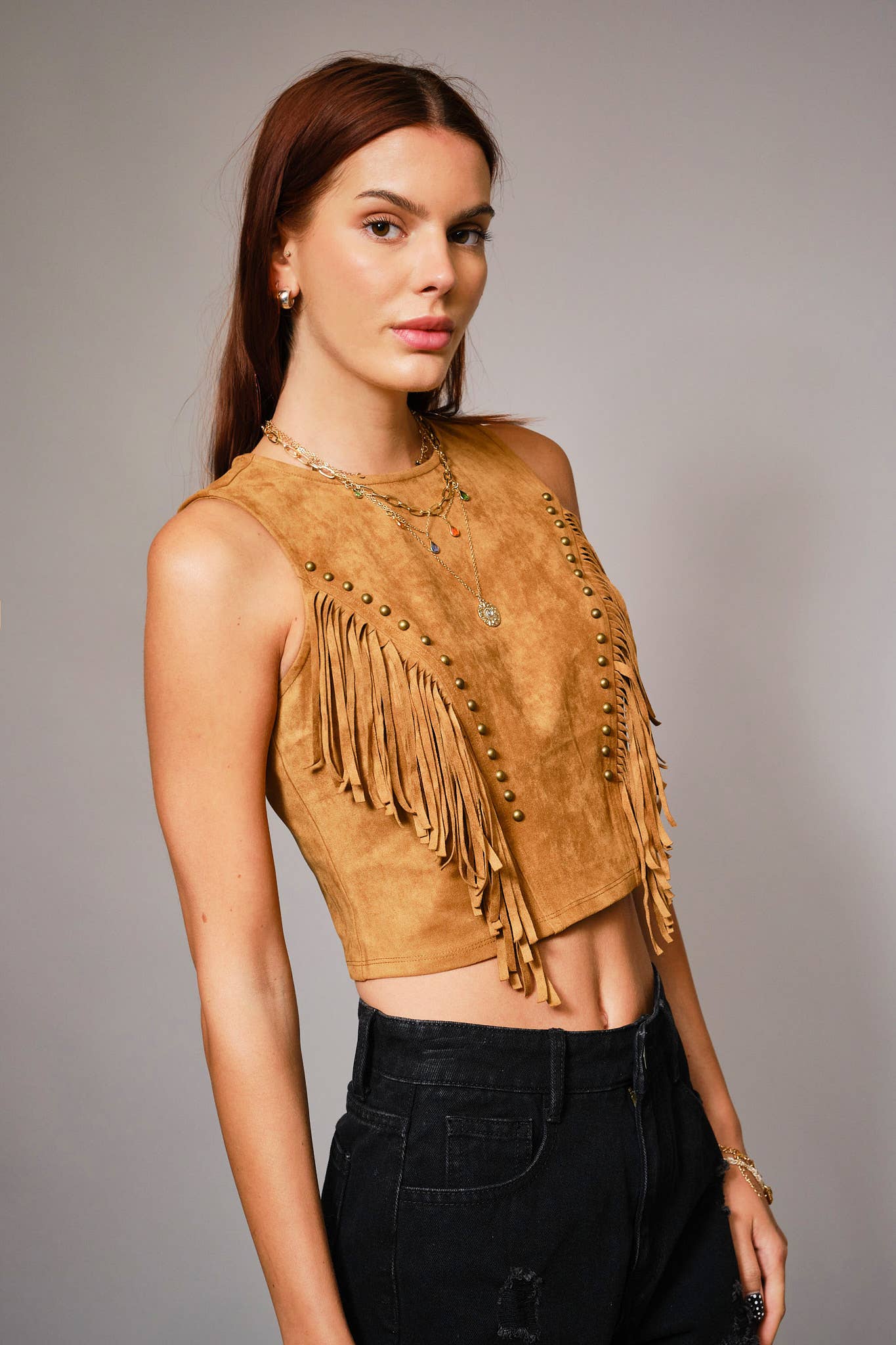 37131T - Faux Suede Fringe Crop Top in Camel