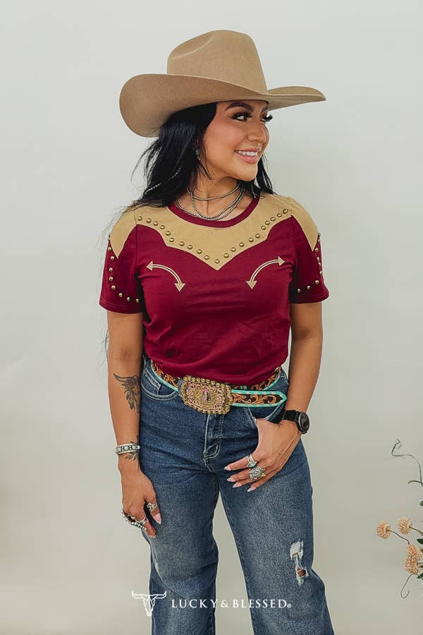 Lucky & Blesses TO1664-S-BRGBR Burgundy Western Yoke Studded Contrast Top