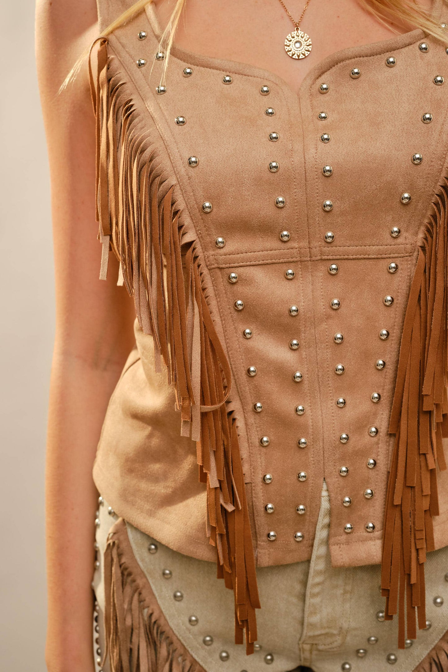 Blue B 37184T - Fringe Stud Faux Suede Tank: in Camel