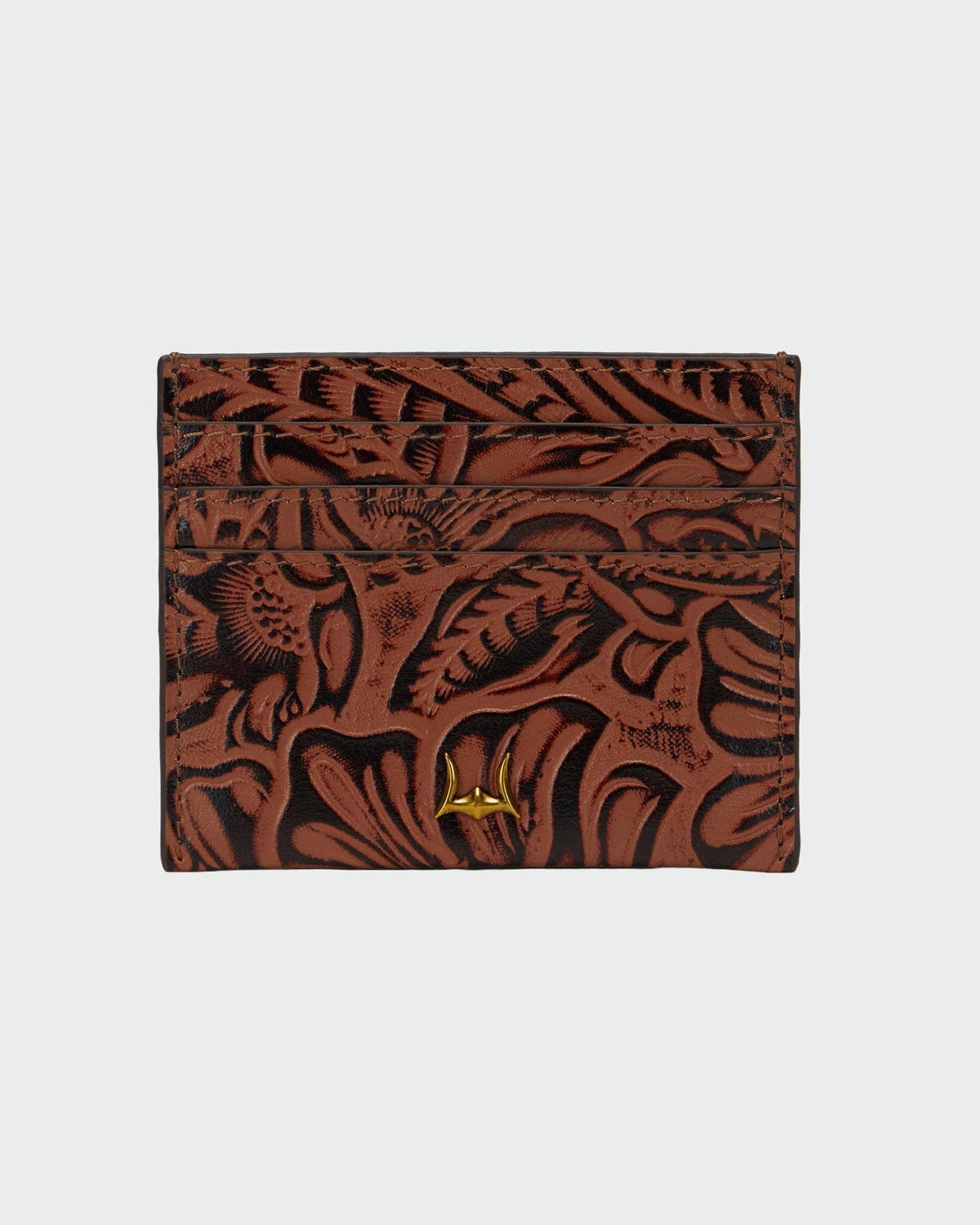 Myra Loyal West Shell Card Holder  In Hand Finished Embossed Leather Brown: Single
