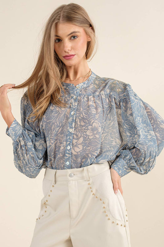 32903T - Chiffon Floral Embroidered Shoulder Blouse in Blue