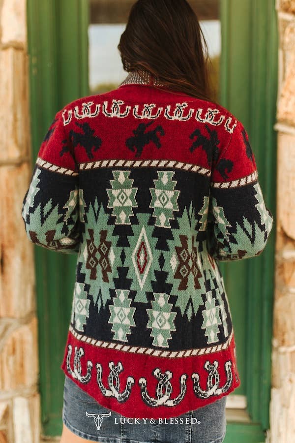 Burgundy Multi Aztec Knitted Cardgian Sweater JO320