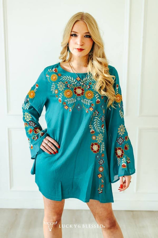 Lucky & Blessed Teal Bell Sleeve Floral Embroidered Blouse TO562-TL