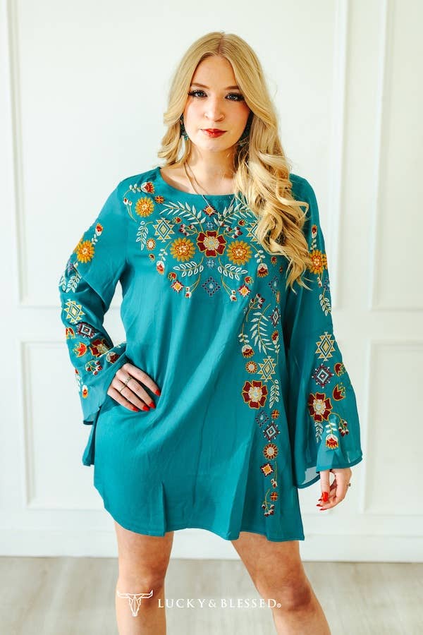 Lucky & Blessed Teal Bell Sleeve Floral Embroidered Blouse TO562-TL