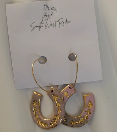 South West Rodeo Clementine Gold Plated Hoops Pink Horseshoe Handmade Earrings