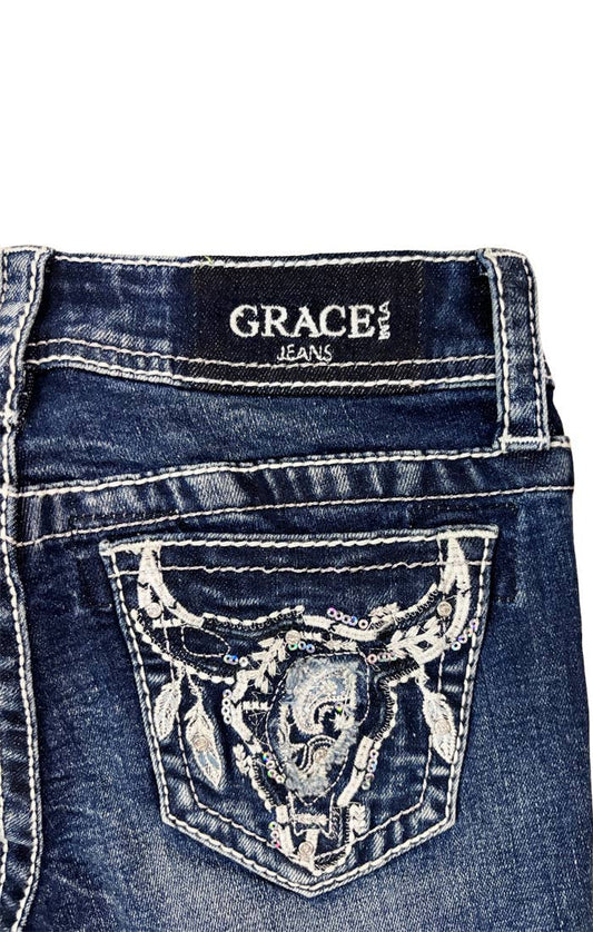 Grace In LA Girls Steer Head Embroidery Boot Cut GB-51956