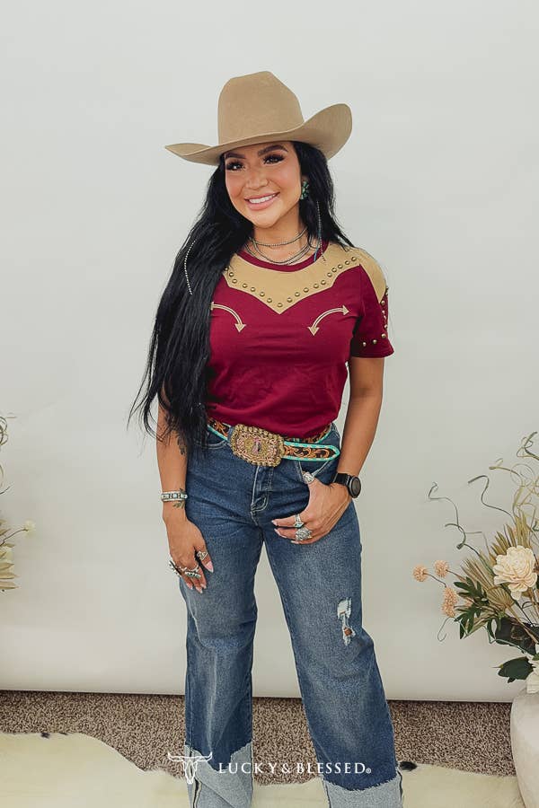 Lucky & Blesses TO1664-S-BRGBR Burgundy Western Yoke Studded Contrast Top
