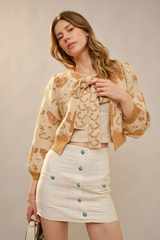 Blue B 37767W - Western Motif Tie Front Cardigan: TAUPE