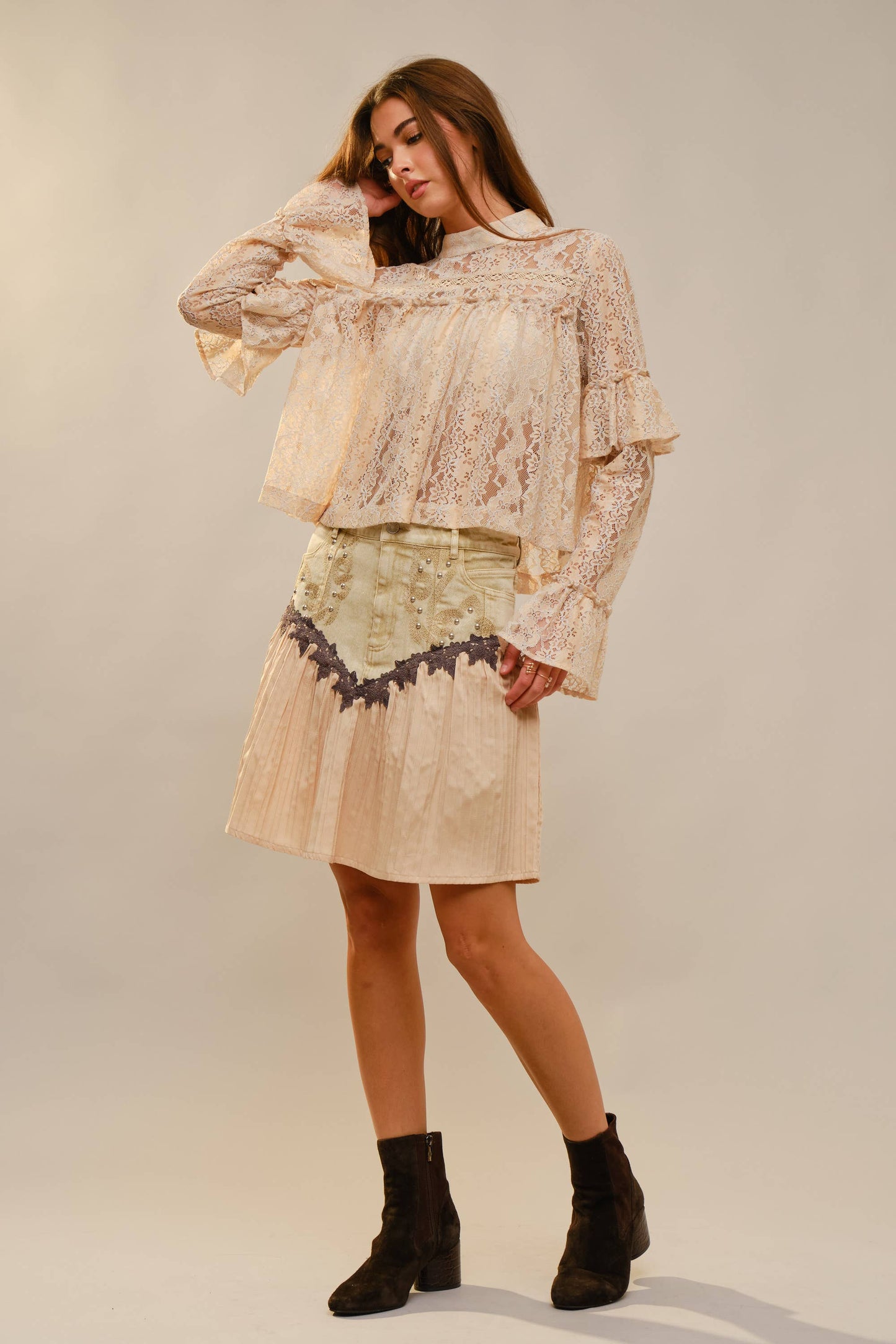 99713T - Long Sleeve High Neck Lace Top in Beige