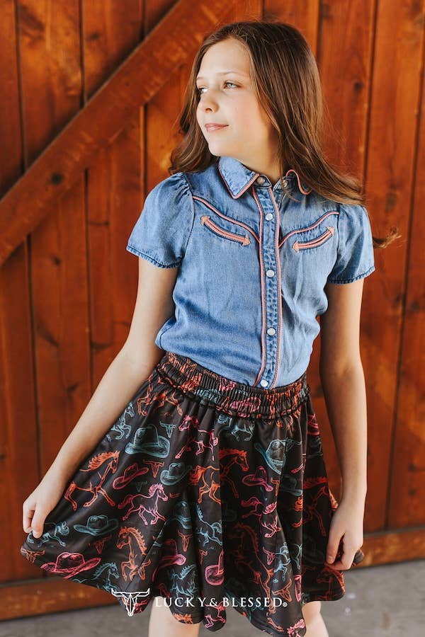 Lucky & Blessed TO1250-G-MW Girls Mid Wash Denim Puff Short Sleeve Western Pink Shirt