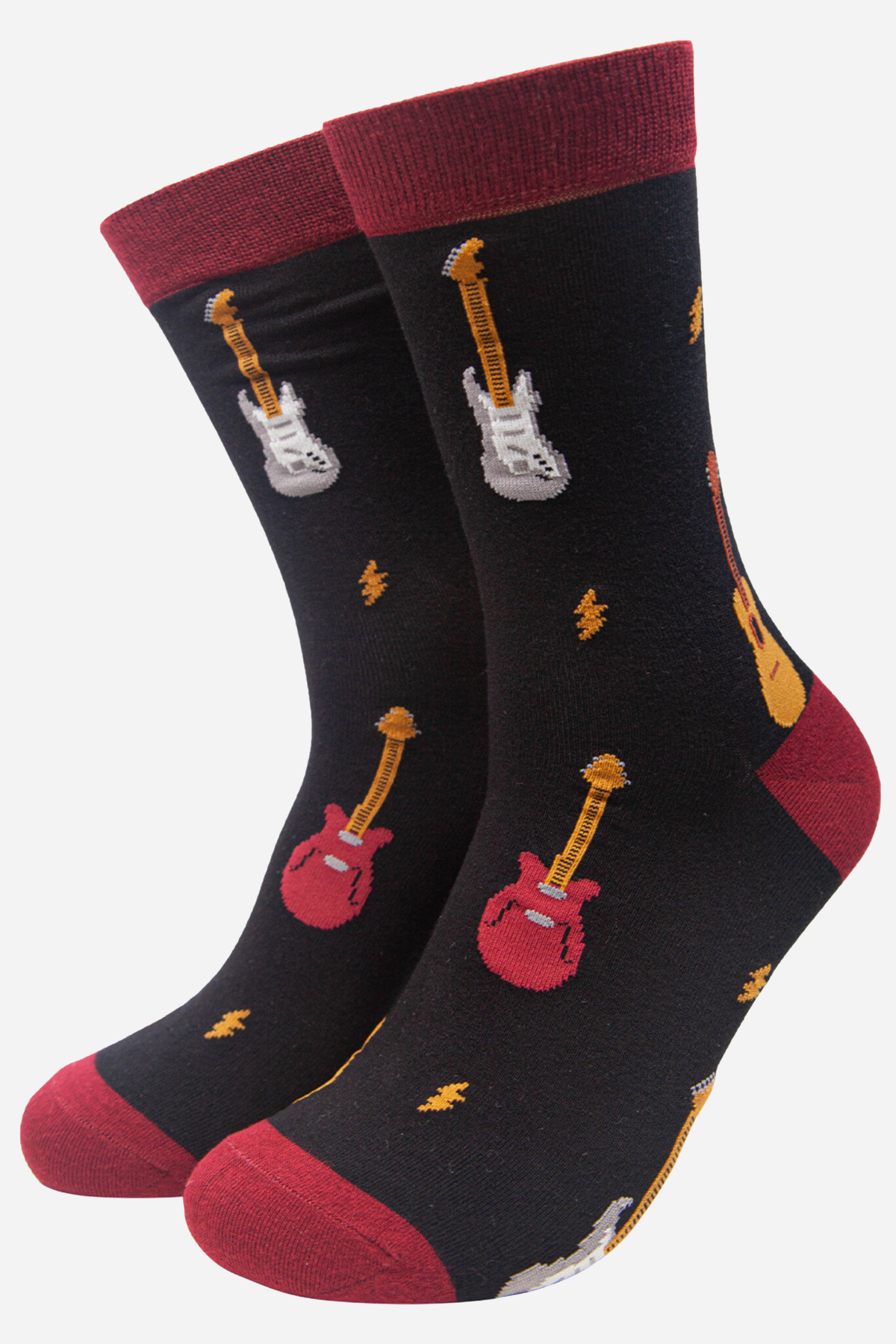 Sock Talk Men's Bamboo Socks- Black/Red, Guitars