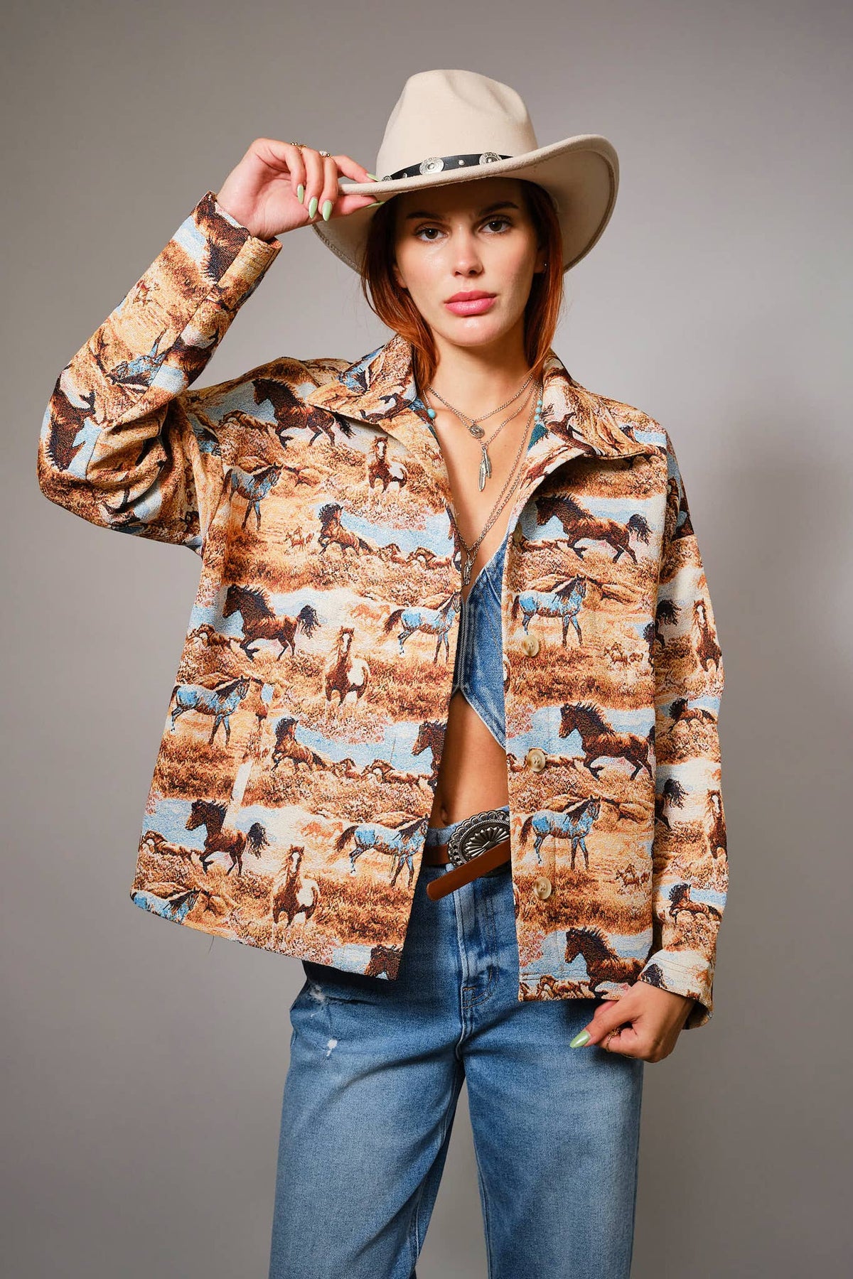 Blue B 33144J Western Pattern Button Front Jacquard Jacket