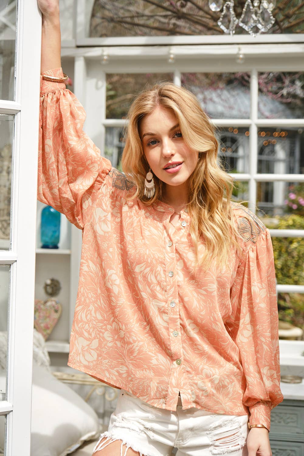 32903T - Chiffon Floral Embroidered Shoulder Blouse in Blue