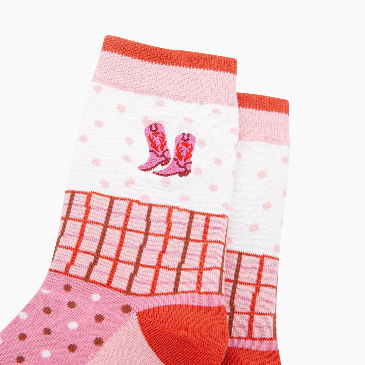 Sock Talk Embroidered Cowboy Boots Combed Cotton Socks in Pink