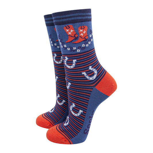 Sock Talk Women's Bamboo Socks - Navy Blue/Denim Blue, Cowboy Wreath