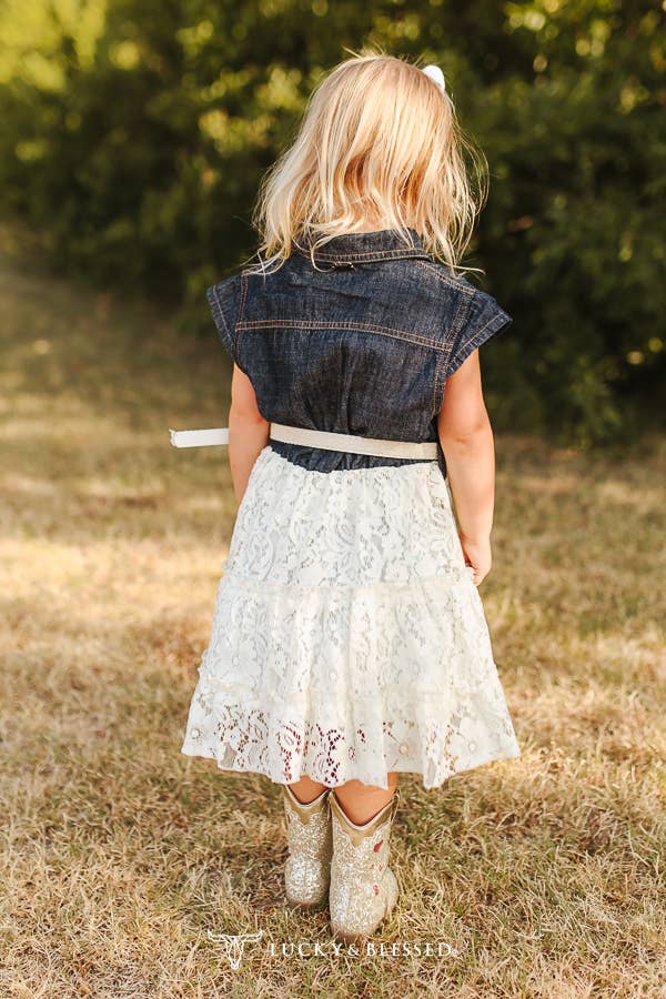 Lucky & Blessed DR715-G-DMLC Girls Denim & Lace Tiered Dress