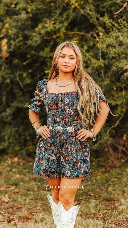 Lucky & Blessed JP-106 Brown Horse Jacquard Puff Sleeve Western Romper