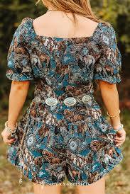 Lucky & Blessed JP-106 Brown Horse Jacquard Puff Sleeve Western Romper