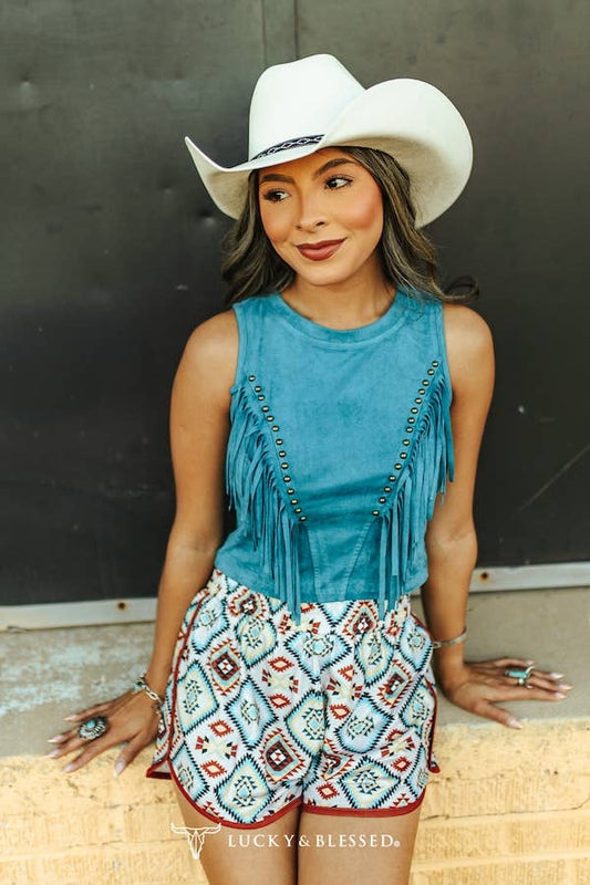 Lucky & Blessed Teal Suede Front Arch Fringe Top TO894TL