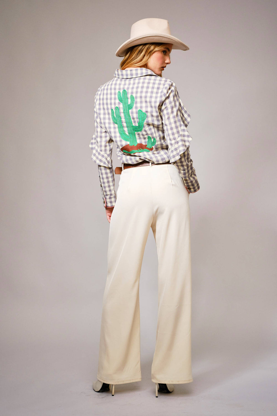 Blue B 23566T - Gingham Embroidered Western Snap Blouse: GREY