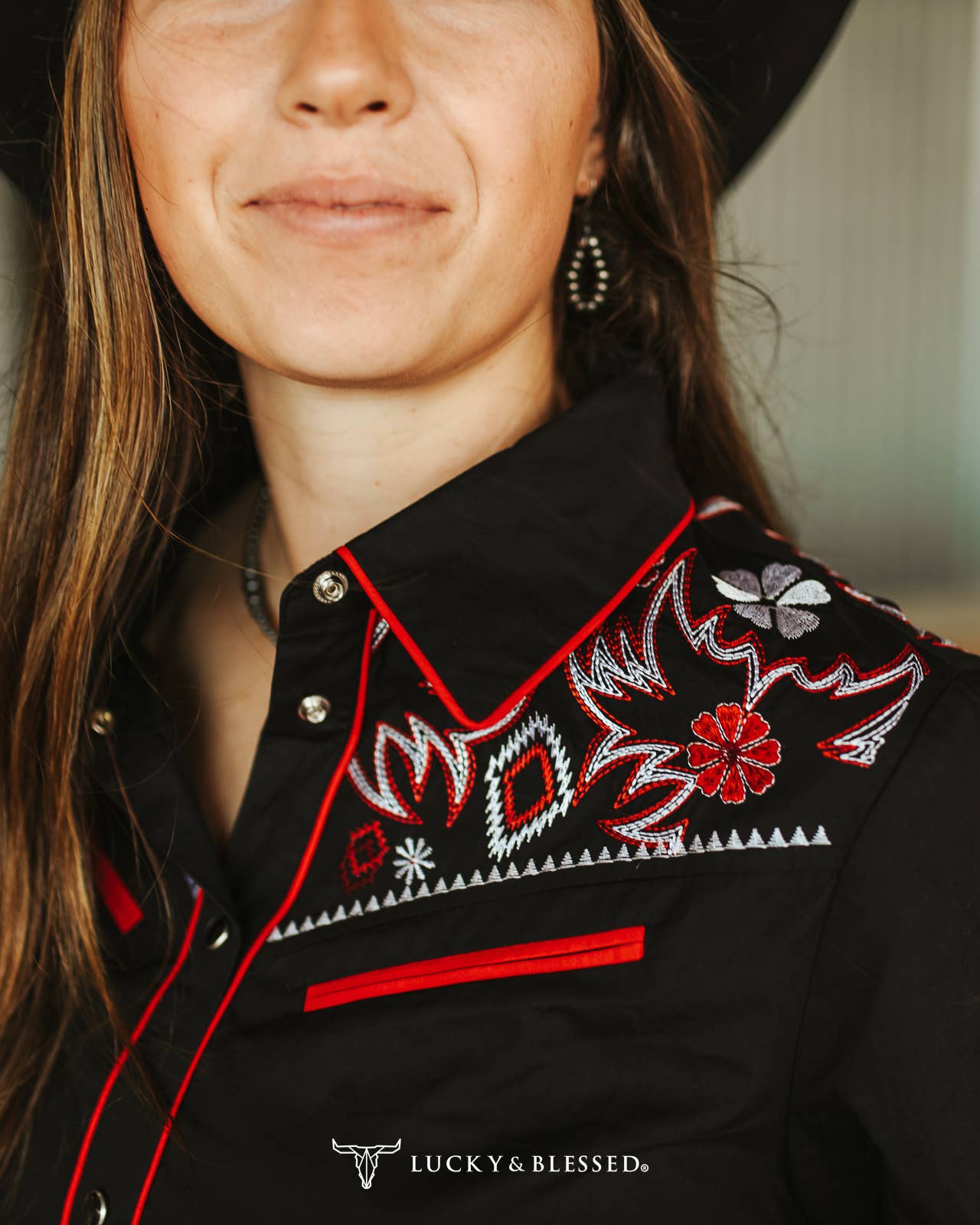 Lucky & Blessed Black Aztec Embroidered Western Yoke Pearl Snap Top TO865-BLK