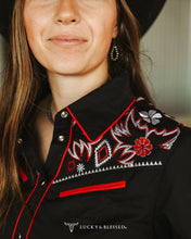 Load image into Gallery viewer, Lucky &amp; Blessed Black Aztec Embroidered Western Yoke Pearl Snap Top TO865-BLK
