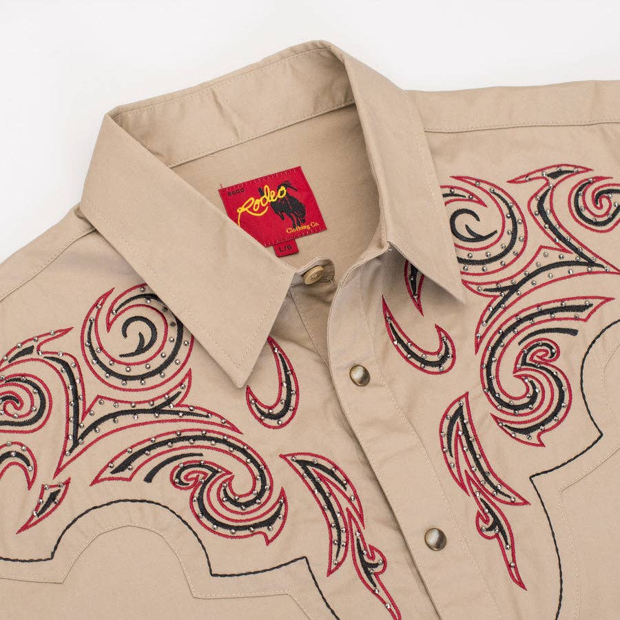 Rodeo Clothing PS500D-1014 Western Cowboy Shirt in Beige with Red & Black
