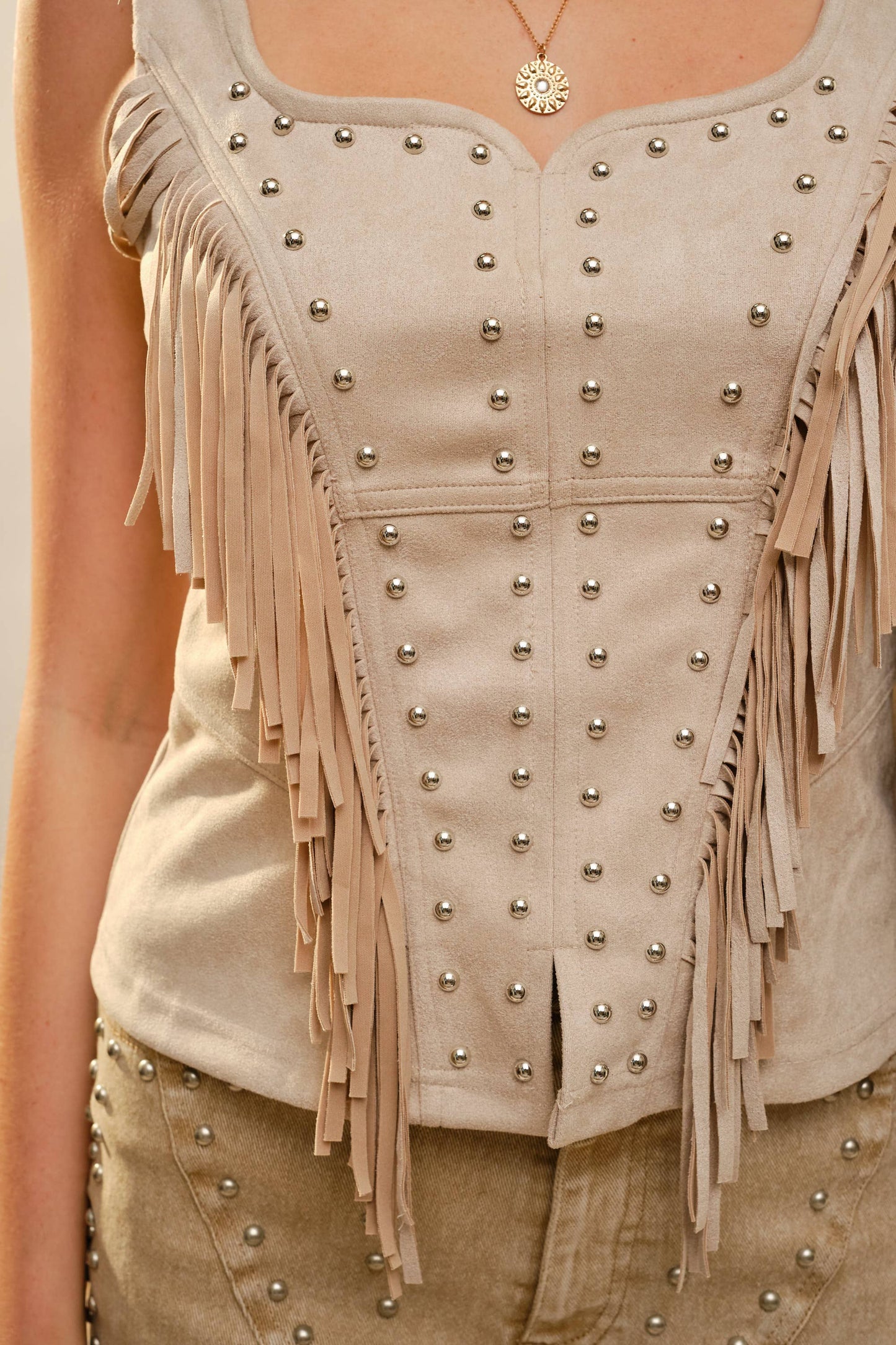 Blue 37184T - Fringe Stud Faux Suede Tank in Sand