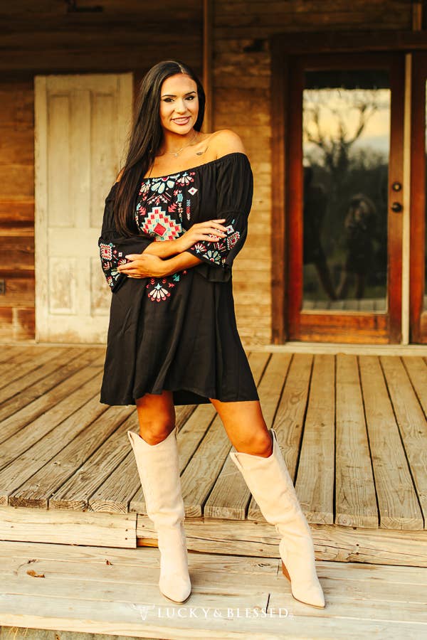 Black Aztec Embroidered Off Shoulder Dress: DR-007-BLK