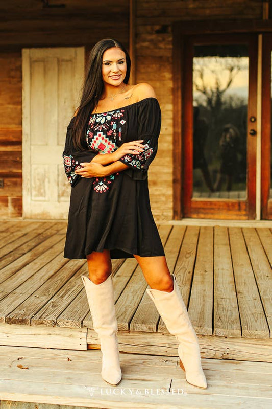 Black Aztec Embroidered Off Shoulder Dress: DR-007-BLK