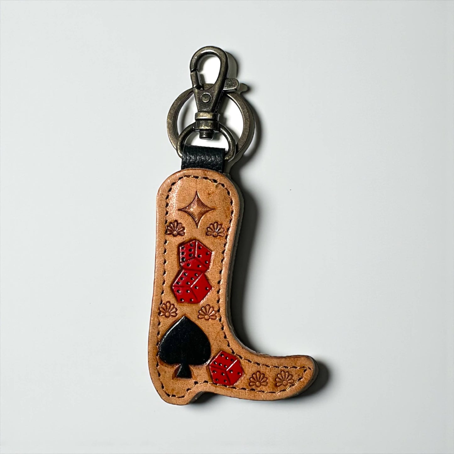 Western Linens Spades tooled leather & cowhide keychain 